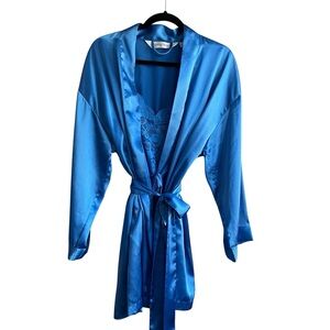 Vintage 90’s Victoria's Secret Blue Lace Chemise & Satin Robe Lingerie Set Med